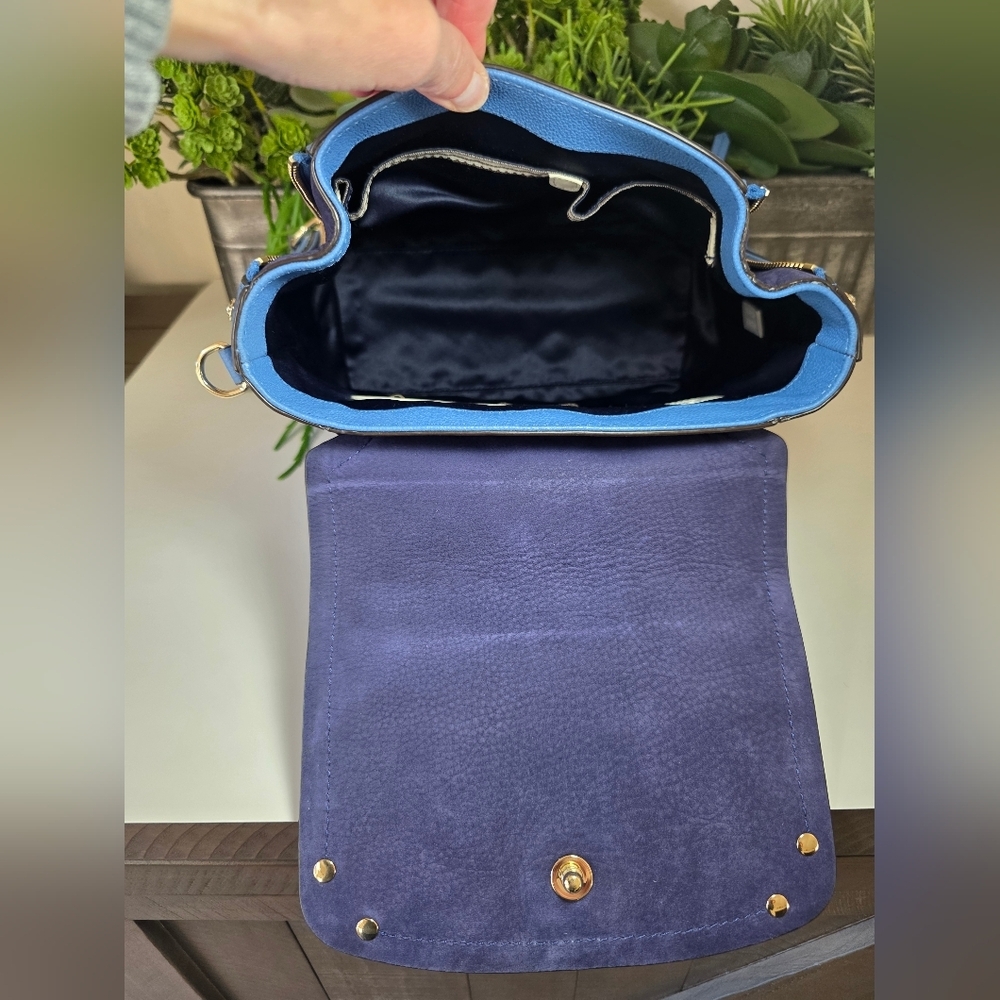 Henri Bendel Convertable Backpack In Pebble Grain Leather Periwinkle-Navy Suede - Picture 10 of 14